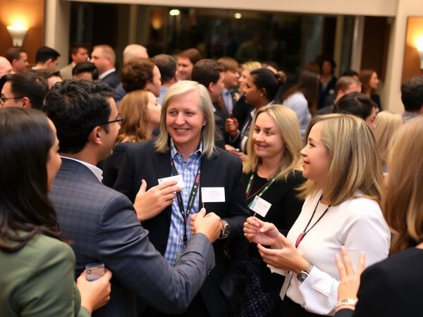 Eveniment de networking cu profesioniști interacționând.