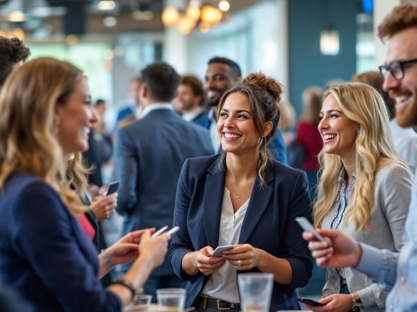 Eveniment de networking cu profesioniști care interacționează.